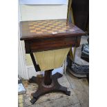 A 19th century rosewood and chequerboard top pedestal work table, 46cm wide.