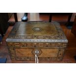 A Victorian walnut and parquetry work box, 27.5cm wide.