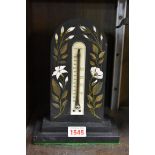 A Victorian slate and pietra dura desk thermometer, 21cm high.