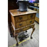 (HP) An 18th century style mahogany and walnut crossbanded small chest on stand, 51.5cm wide.