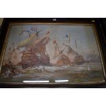 (HP) Frank Tyers, a naval battle, signed, watercolour and gouache, 60.5 x 91cm.