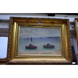 J S Drummond, boats, signed and dated 1917, oil on board, 17 x 25cm.