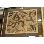 Sapto Hoedoyo, 'Wild Horses', signed, pen, ink and watercolour, 26 x 33cm.