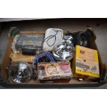 Automobilia: two Lucas spotlights and other vintage car items.