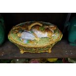 A Victorian Minton majolica game tureen and cover, 35.5cm wide, (chip to tip of mallard's wing).