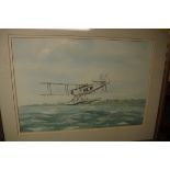 A E Hewitt, a bi-plane, signed, watercolour, 30 x 44.5cm.