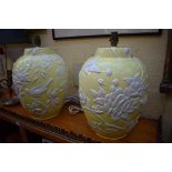 A pair of pottery lamps, height including fitting 42cm.