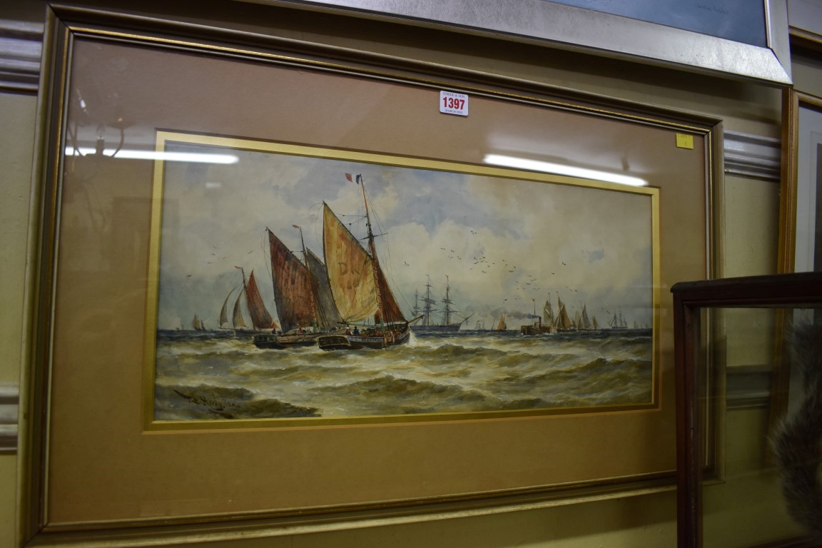 Thomas Bush Hardy, a busy shipping scene, signed and dated 1896, watercolour, 24 x 53cm.