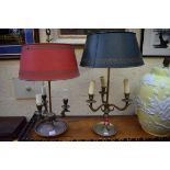 Two Bouillotte style brass three branch table lamps.