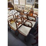 A set of six reproduction, Regency style, sabre leg dining chairs, to include a pair of elbow