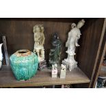 A collection of Chinese items, to include three soapstone figures, largest 35cm high.