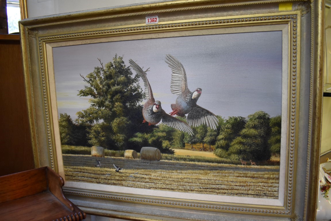 Mark Chester, 'Partridges in Flight', signed, oil on canvas, 39 x 59cm.