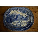 A 19th century Herculaneum blue and white meat plate, printed with a scene of the 'Mausoleum of
