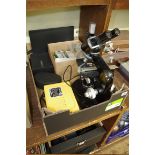 A Nikon binocular microscope, No.80936, with geological slides; and various other items.