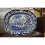 A 19th century blue and white meat plate, 42.5cm wide.