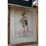 An antique coloured print of a Shakespearean character, 27 x 21cm.