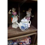 A Worcester first period blue and white teapot & cover, 14.5cm high, (s.d.); together with a pair of