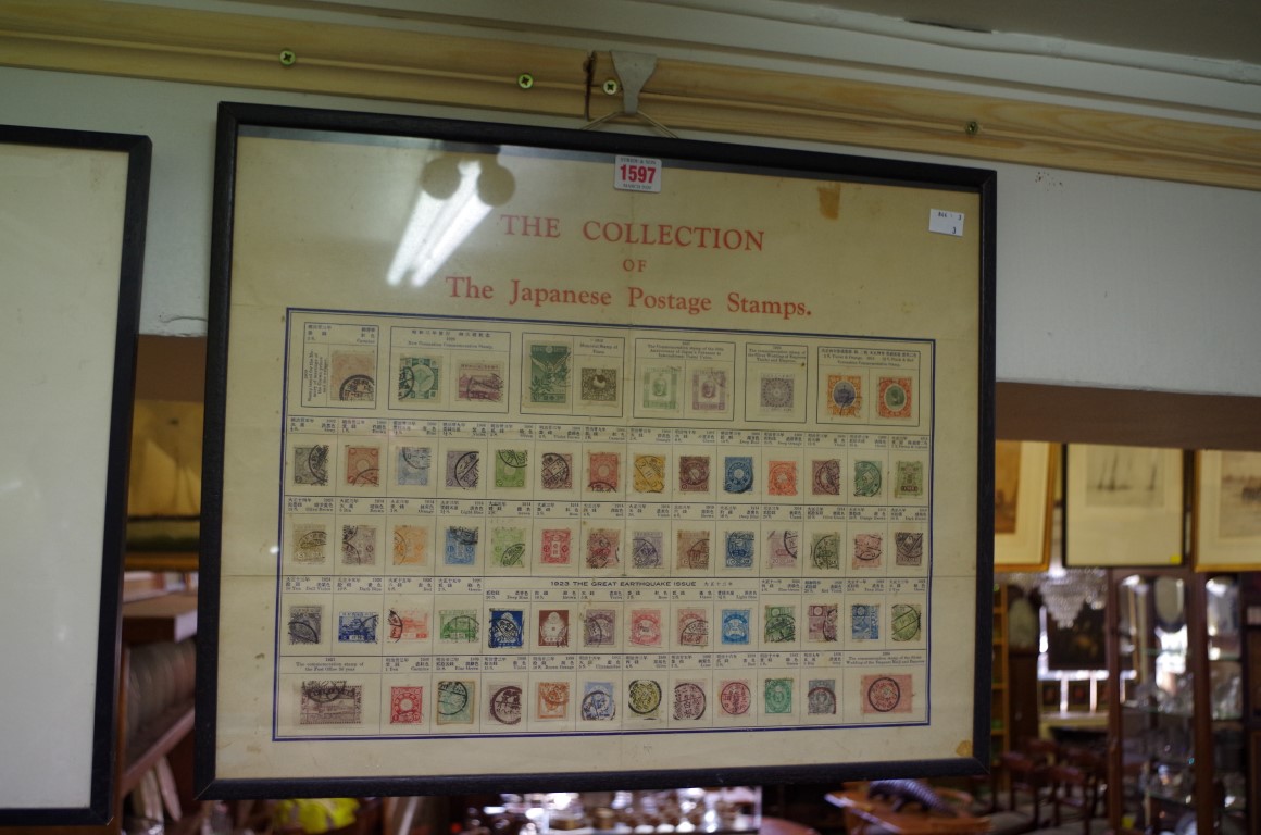 Two framed displays of Japanese postage stamps.