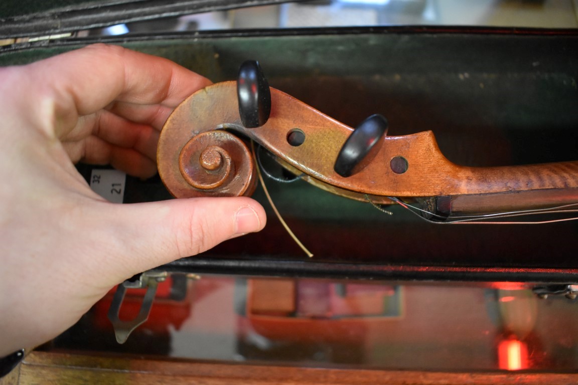 An antique Continental violin, with 14in back, with case and bow. - Image 6 of 15