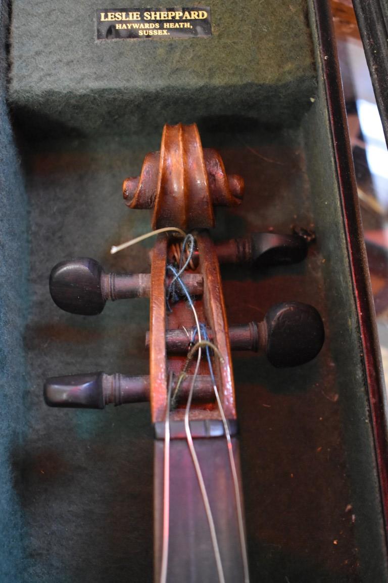 An antique Continental violin, with 14in back, with case and bow. - Image 9 of 15