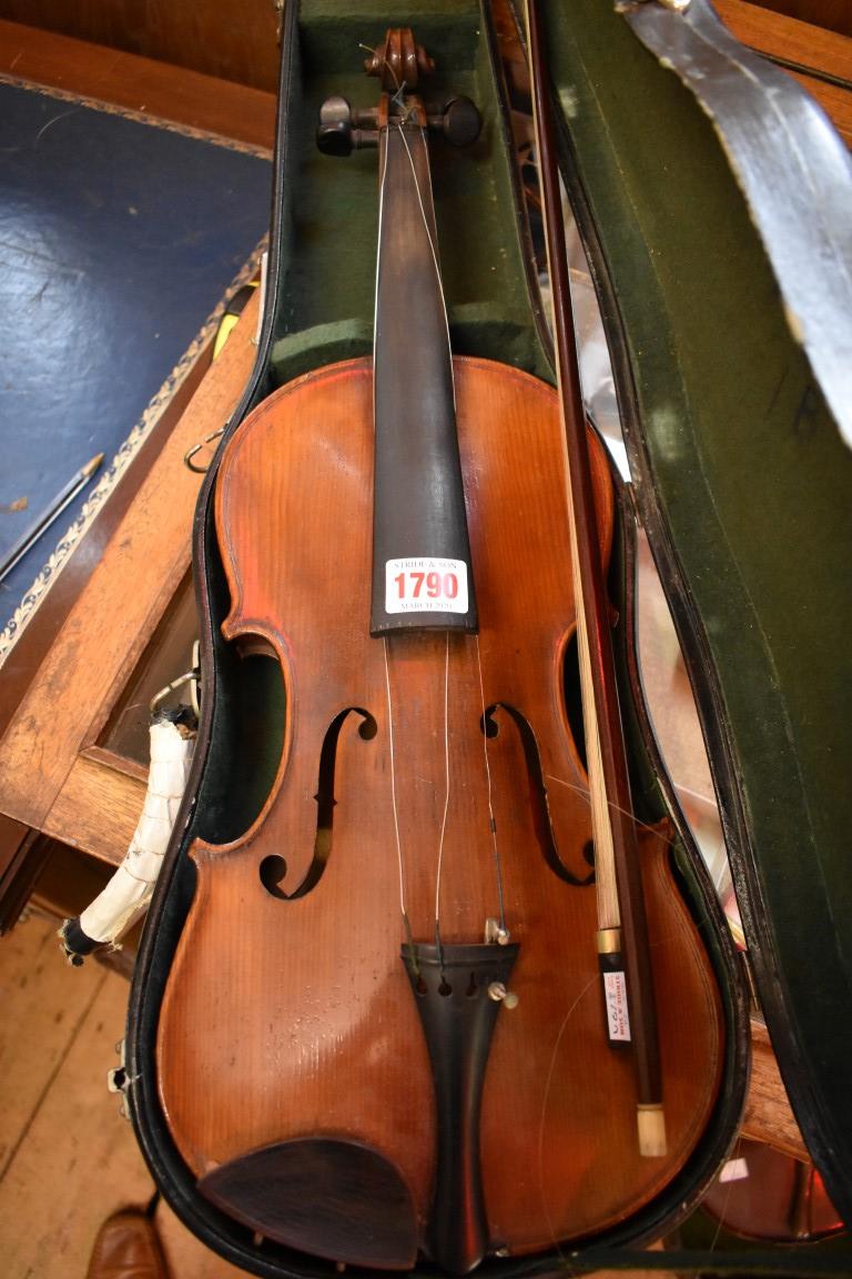 An antique Continental violin, with 14in back, with case and bow. - Image 8 of 15