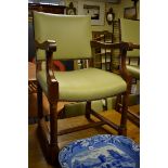 A good set of six limed oak and studded pale green leather dining chairs, by Heal's, to include a