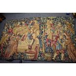 An old tapestry wall hanging, decorated with figures making wine, 194 x 116cm.