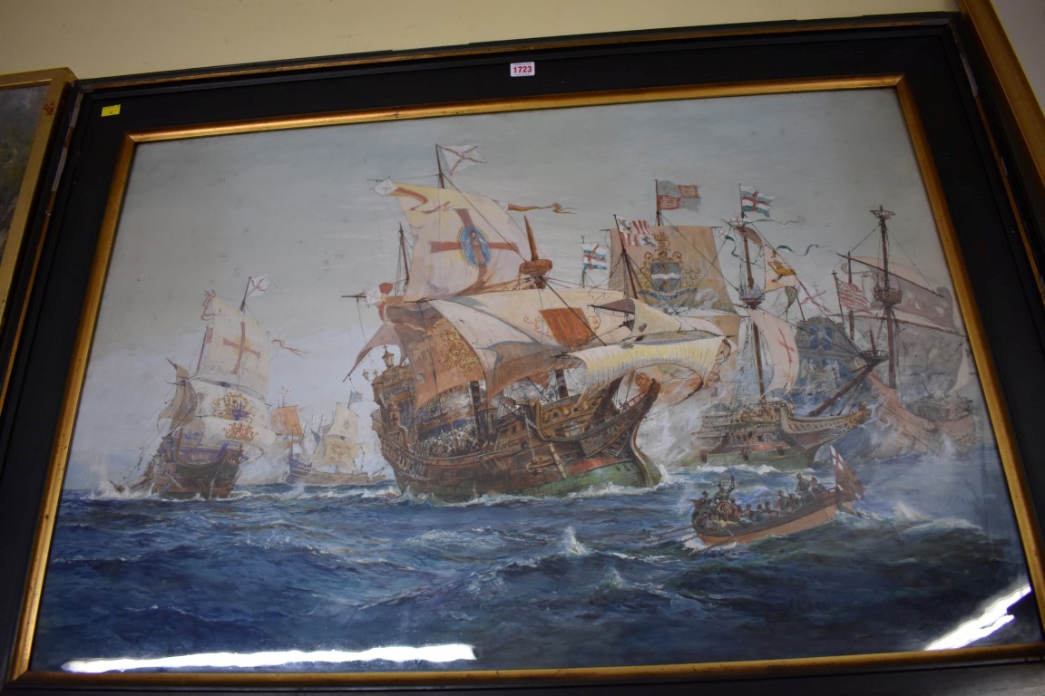 Frank Tyers, a naval engagement, signed and dated 1902, watercolour and gouache, 67 x 100cm.