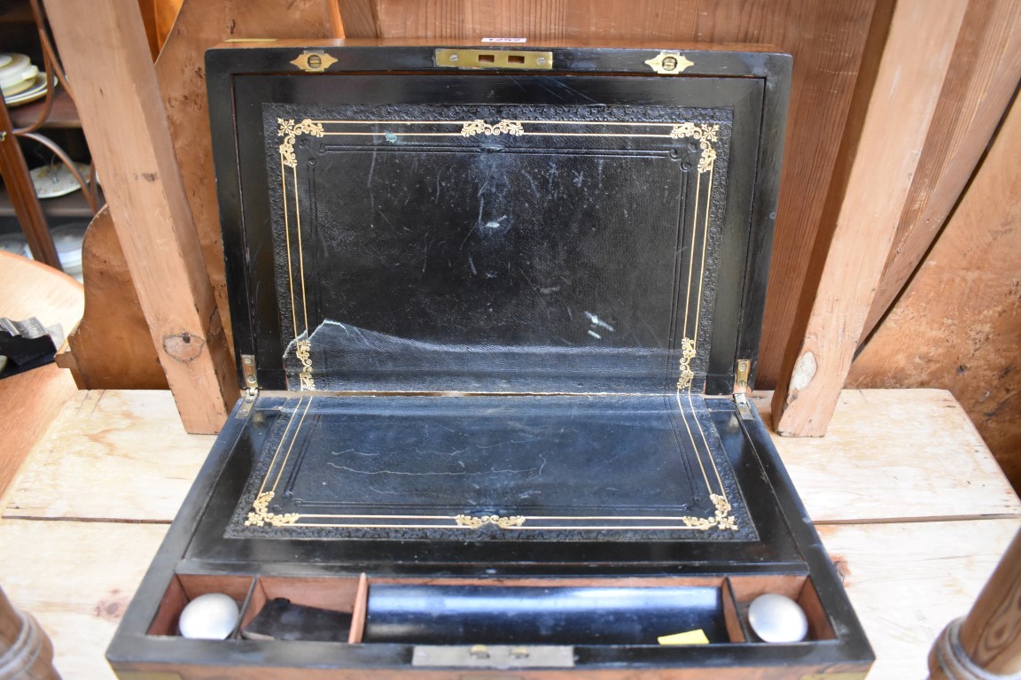 A Victorian walnut and brass bound writing slope, 40.5cm wide. - Image 2 of 2