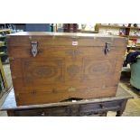 A Burmese hardwood and brass inlaid marriage chest, the hinged top enclosing a fitted interior, 84cm