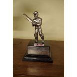 A silver plated figure of a cricketer, 10cm high, on ebonized base, with presentation plaque.