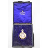 A cased Swiss gold and guilloche enamel half hunter fob watch, stem wind, stamped 18k.