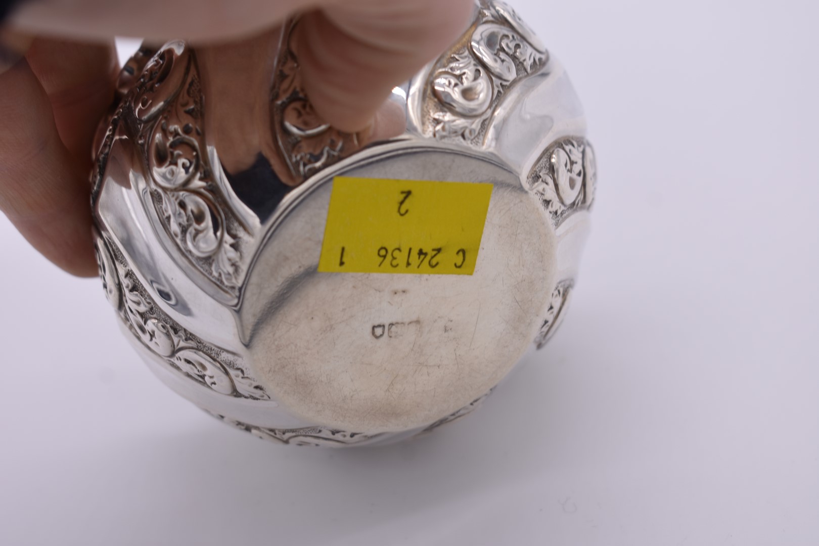A repousse silver sugar bowl, London marks indistinct, 5.5cm high, 74.5g. - Image 3 of 3