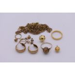 A small parcel of unmarked yellow metal jewellery, to include ear studs; chains; rings, etc, 20.