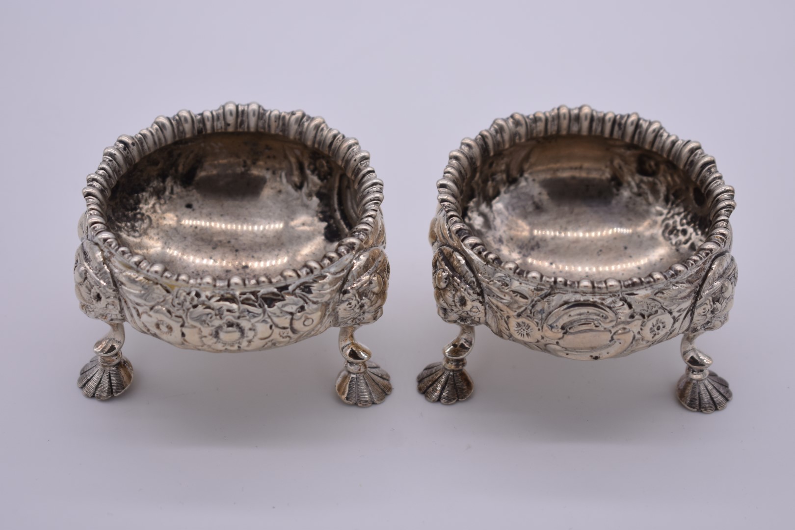 A pair of Victorian repousse silver salts, by James Dixon & Sons Ltd, Sheffield 1896, 257g. - Image 2 of 3