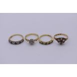 Four various gem set gold dress rings, stamped/hallmarked 18ct, 10.3g total weight.