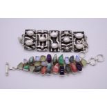 A chunky hardstone and semi-precious stone set bracelet, stamped 925; together with a contemporary