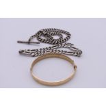 Two silver chains, 51g; together with a rolled gold bangle.