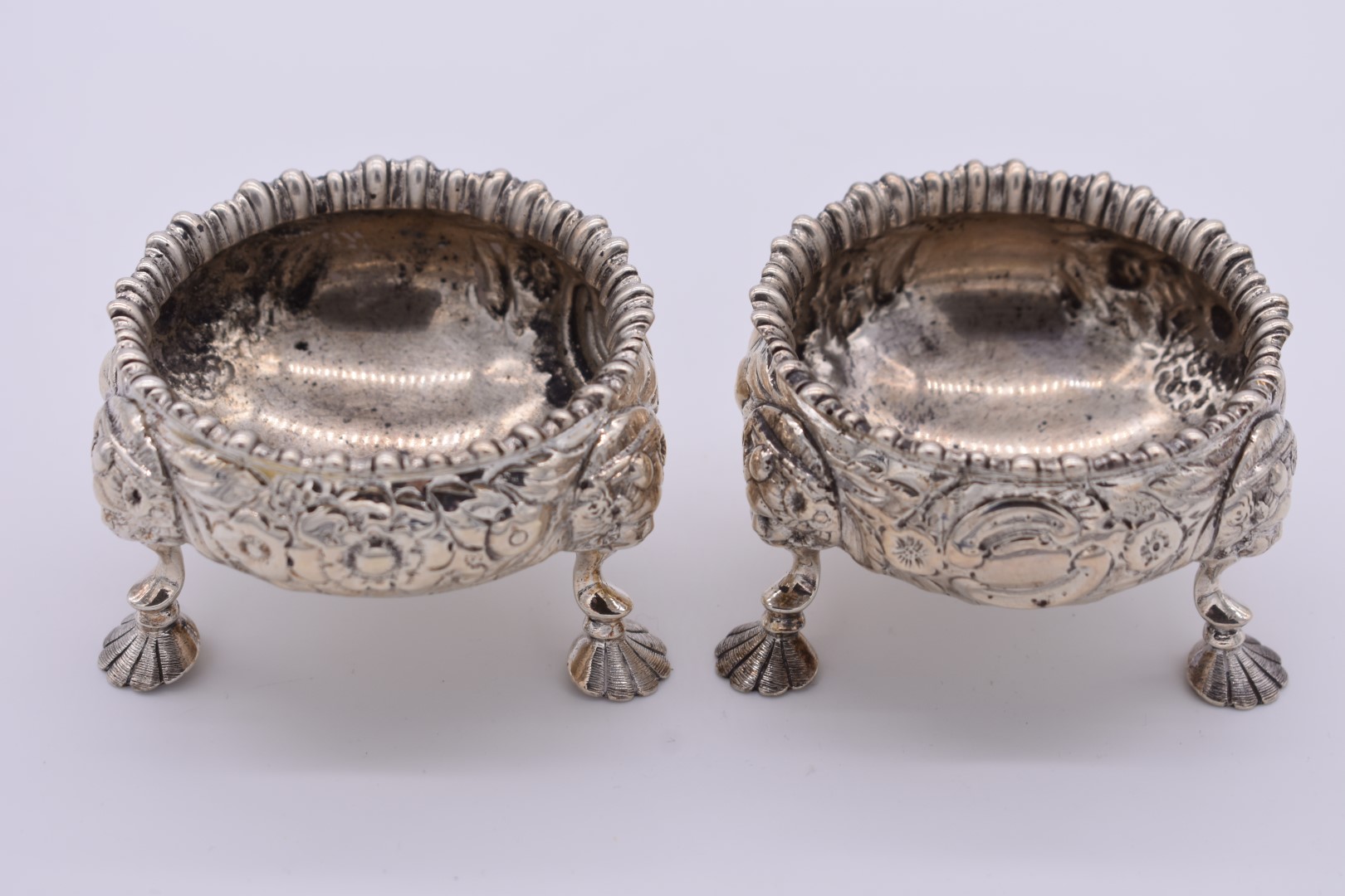 A pair of Victorian repousse silver salts, by James Dixon & Sons Ltd, Sheffield 1896, 257g.