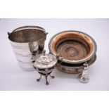 A Continental white metal mustard; together with three silver plated items etc. (5)