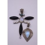 A large designer 'Dragonfly' pendant, stamped 925, set various natural stones; together with
