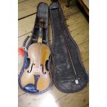 An antique Continental violin, with 14in one piece back, indistinctly inscribed to interior, with