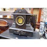 A large Victorian slate mantel clock, 46.5cm high, with pendulum, (chips).