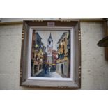 * Mathieu, figures in a continental street, signed, oil on board, 26 x 21cm.