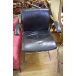 A pair of chrome and black leather open armchairs.