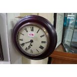 An old stained wood fusee wall clock, with 19.5cm convex dial, with pendulum and winding key.