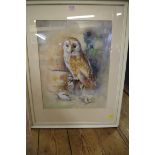 Hilda Chancellor Pope, 'Owl in The Barn', signed and titled, label verso, watercolour and gouache,