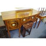 A George III mahogany, line inlaid and crossbanded bowfront sideboard, on square tapering legs, 137.