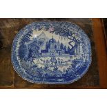 A 19th century Herculaneum blue and white meat plate, printed with a scene of the 'Mausoleum of