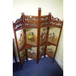 An Aesthetic mahogany and painted glass four fold screen, with shaped shelves, 135cm high.